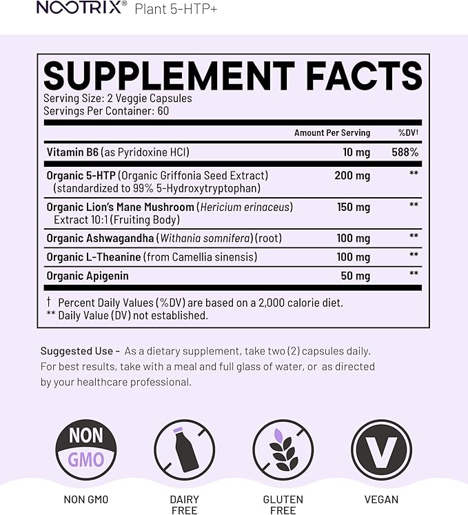 Nootrix Organic Plant 5 HTP+ Supplement | Supports Memory, Mental Focus, Cognitive Health & Energy | Promotes Healthy Mood & Brain Function | Vitamin B6 & L Theanine | 120 Capsules