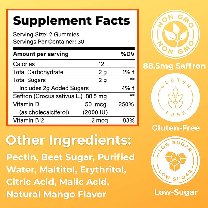 Loom Saffron Gummies with Vitamin D3 & B12 – Natural Mood & Energy Support for Emotional Balance and Stress Relief – Tropical Mango, 60 Count (60 Count, Mango)
