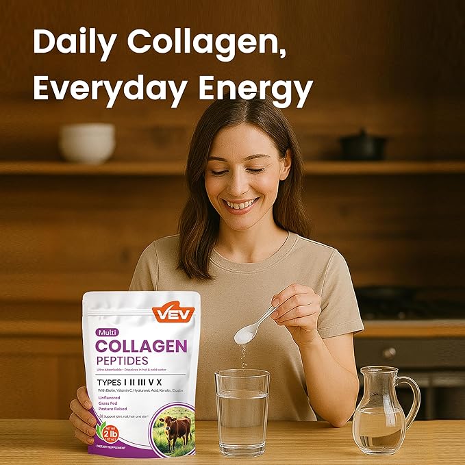 VEV Multi Collagen Peptides Powder with Types I, II, III, V, X, 32 oz (82 Servings) - Skin, Joint & Hair Support - Hydrolyzed Collagen Powder for Women, Biotin, Vitamin C, Unflavored, Dissolves Easily