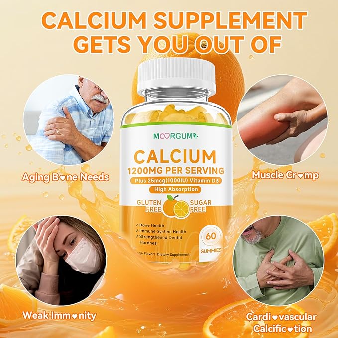 Calcium Citrate Gummies for Kids, Adult - 1200 mg with Vitamin D3 1000IU - Support Bone, Teeth, Immune Health, High Absorption Calcium and Vitamin D Supplement, Orange Flavor, 120 Count