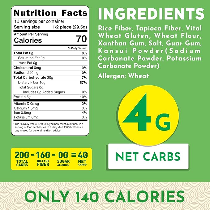 Low Carb Noodles Keto Ramen Noodles (6 Packs) 4g net carb + 5g protein in one healthy ramen noodle. Low Sodium ramen noodles are high protein noodles. Suitable for keto pasta use in sauce or soup or stir fry low carb pasta. More al-dente than konjac & ...