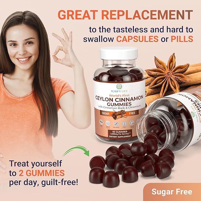 Sugar-Free Ceylon Cinnamon Gummies (2,000mg/Serving) – Vegan, Gluten-Free Herbal Supplement – Replace Cinnamon Capsules, Pills & Powders – 60 Chews