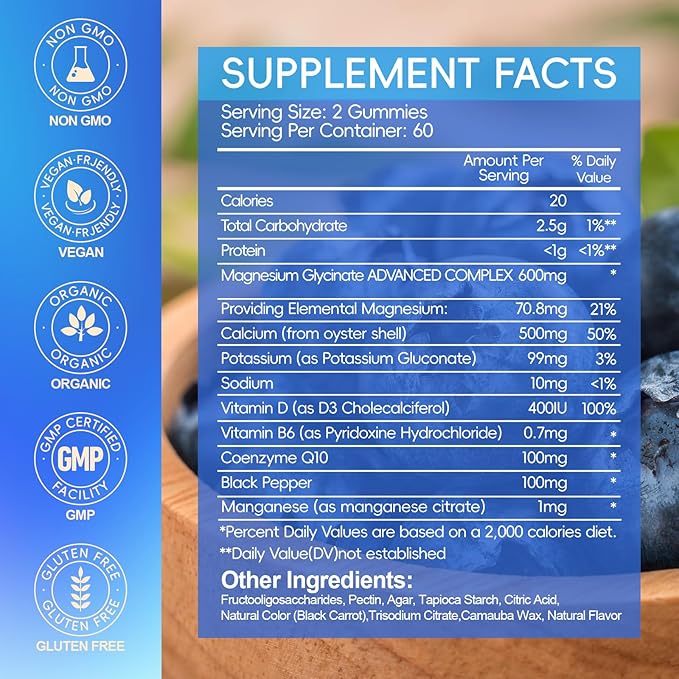 Magnesium Glycinate Gummies 600mg, Chewable Sugar Free Potassium Magnesium Gummies, Vitamin D, B6, and CoQ10 for Calm Support & Sleep for Adults, 60 Days Supply, 2 Pack