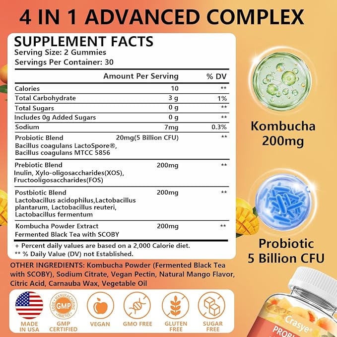Probiotic Kombucha Gummies Sugar Free Prebiotic Postbiotic Probiotics Gummy for Women and Men Bloating Gut Health Immune and Digestive Support - 60 Gummies - 30 Servings