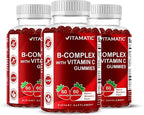 Vitamatic Vitamin B Complex Gummies with Vitamin C & Inositol - Natural Strawberry Flavor - 60 Gummies (3 Bottles)