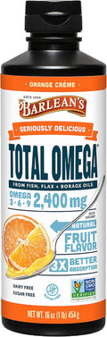 Barlean's Total Omega 3 6 9 Liquid Fish Oil Supplement with Borage and Flaxseed Oil, Orange Crème, 2,400 mg of EPA, DHA and GLA Fatty Acids, 16 oz
