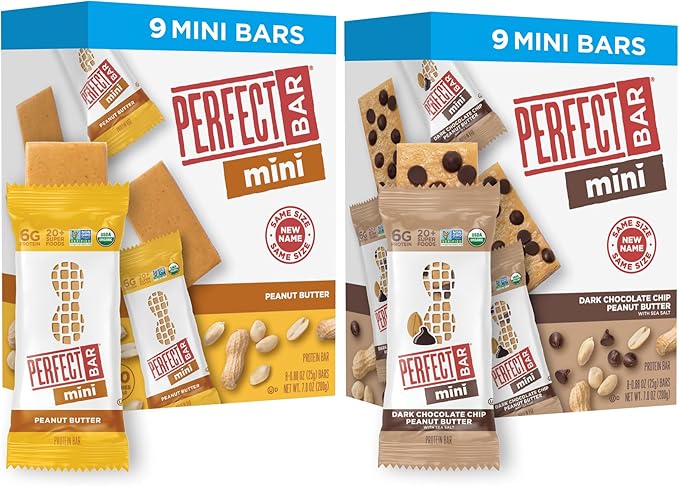 Perfect Bar Mini Protein Bars, Peanut Butter and Dark Chocolate Chip Peanut Butter Variety Pack, Gluten Free, Made with Organic Honey, Cookie Dough Texture, Refrigerated, 18 Count, 0.88 Oz Bar