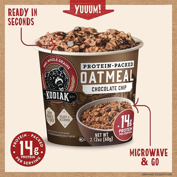Kodiak Cakes Instant Protein Chocolate Chip Oatmeal in a Cup, 2.12oz (Pack of 12)