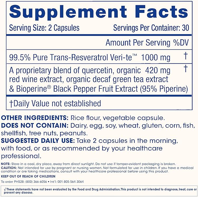 ProHealth Resveratrol 1000mg | Pure Trans-Resveratrol | Plus Quercetin, Red Wine & Green Tea Extract | Clinically Studied to Support Cellular Health, Memory, Healthy Aging | 60 Capsules (Pack of 2)