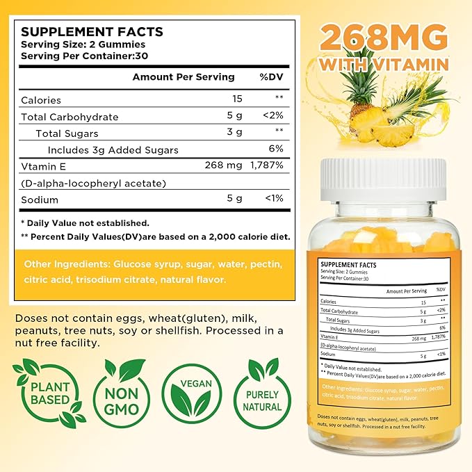 Aromlife Vitamin E 400 IU Gummies for Immune, 268mg Per Serving Vitamin E Gummies for Women and Men Skin Glow & Cell Wellness, 60 Count Pineapple Flavor Sugar-Free Gluten-Free