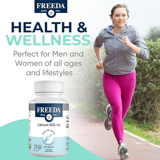 FREEDA Calcium 600 mg – Bone, Joint and Teeth Support – 600mg Pure Calcium Supplements for Women & Men – Healthy Muscle and Nerve Function – GF, Easy-to-Swallow Coated Tablets (100 Ct)