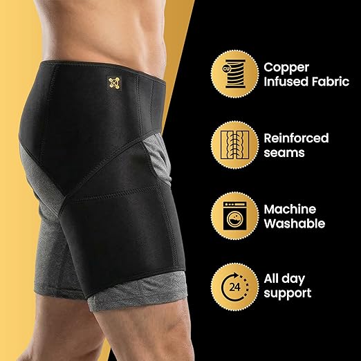 CopperJoint Hip Brace for Women & Men, Adjustable Hip and Thigh Compression Wrap, Left or Right Wear, Groin, Hamstring and Upper Thigh Support, One Size