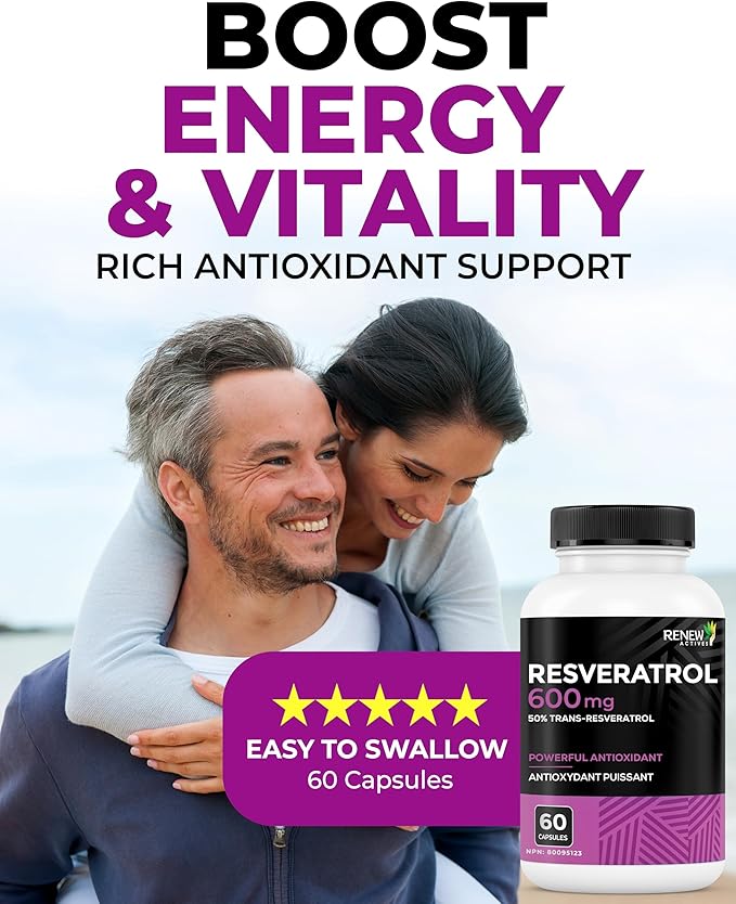 Renew Actives Resveratrol Supplement 600mg per Serving - High-Potency Antioxidant Complex with 50% Trans-Resveratrol – Supports Cellular Health & Longevity - Made in Canada – 60 Vegan Capsules