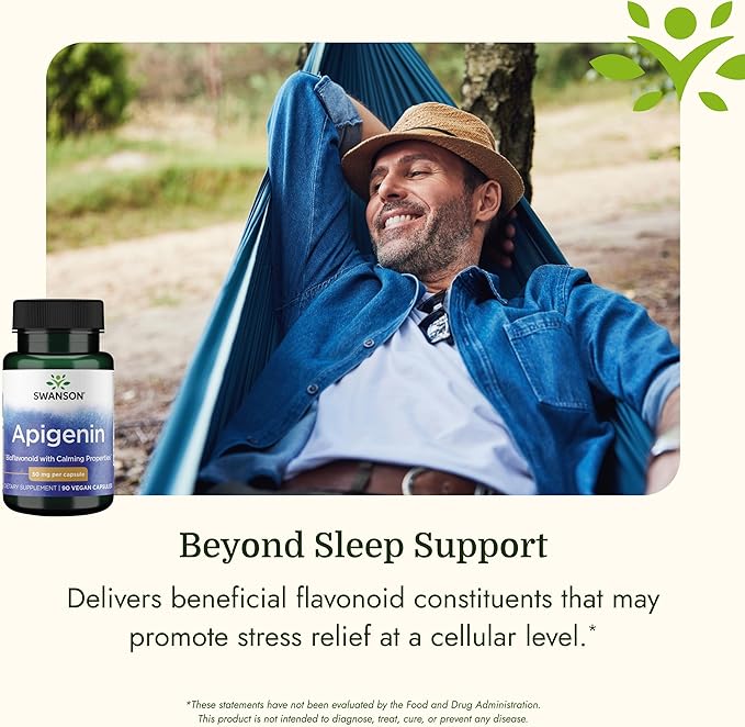 Swanson Apigenin Bioflavonoid Supplement for Adults Seeking Natural Sleep, Relaxation, and Stress Relief Support - 50 mg (90 Vegan Capsules)