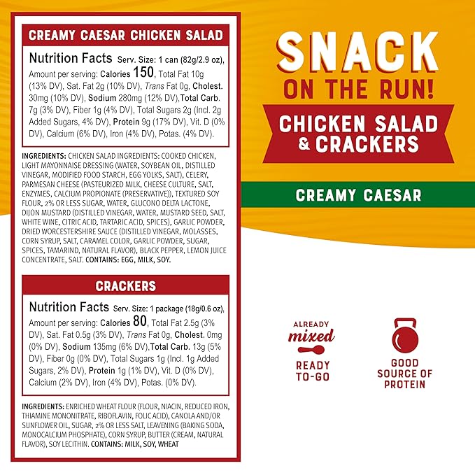 Bumble Bee Snack On The Run! Protein Snack Pack - Creamy Caesar Chicken Salad with Crackers - 10g Protein per Box - Ready to Eat Easy-Open Canned Chicken (Pack of 1)
