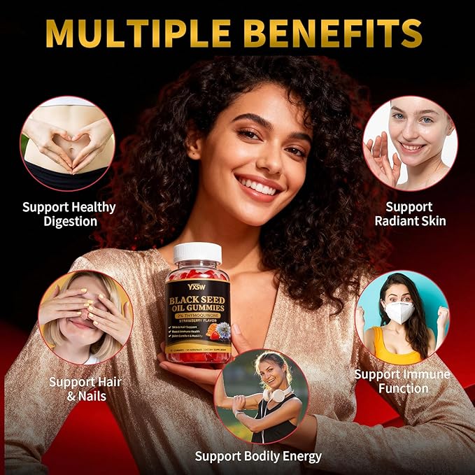 Black Seed Oil Gummies 500mg with Honey and 2% Thymoquinone, Nigella Sativa Seeds for Boost Immune Health, Joints, Digestion, Hair & Skin, Strawberry Flavor, 60 Count