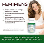 FEMIMENS – PMS Support Supplement for Women – PMS Relief for Women & Menstrual Cramp Relief – Hormonal Balance for Women – Chasteberry Vitex, Ashwagandha, Ginger, Fenugreek – 120 Vegan Capsules