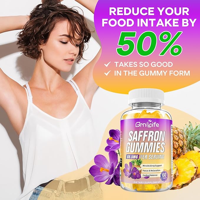 2 Pack Saffron Gummies for Kids & Adults, 10-in-1 Saffron Supplements with 88.5mg Saffron Extract Support Calm Mind & Focus & Zzz, Sugar Free, Pineapple Flavor, 120 Count