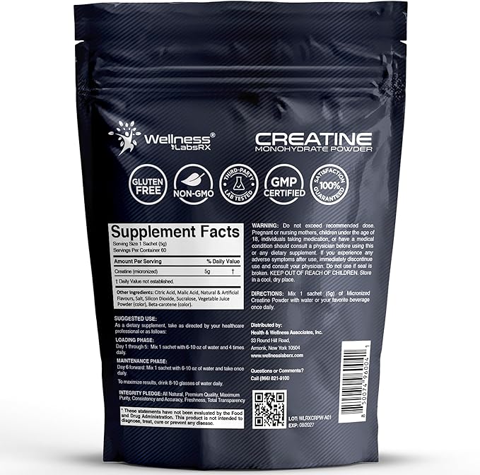 WELLNESS LABSRX Creatine Monohydrate Powder Sachets 300g – Peach Flavor Micronized Creatine Powder Supplement, Creatine for Women and Men, Supports Muscle Strength, Energy, Performance - 60 Servings