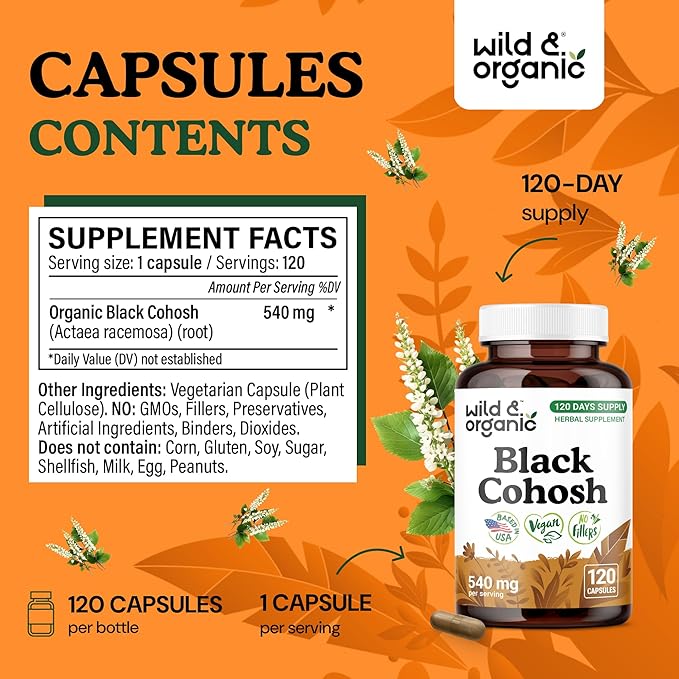 Wild & Organic Black Cohosh Capsules 540 mg - Menopause Supplements for Women - Black Cohosh Herb - 120 Days of Supply - Vegan, No Fillers, Non-GMO - 120 Count