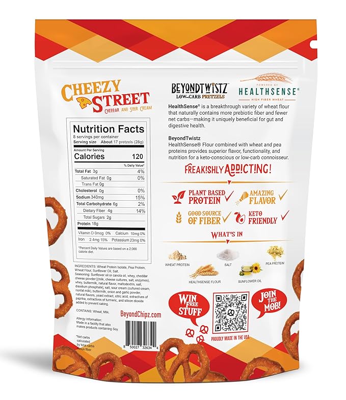 BeyondTwistz Low Carb Pretzels, Cheezy Street, Keto Friendly, 2g Net Carbs, 18g Protein, Powered By HealthSense® High Fiber Wheat Flour, Family Size 8oz Bag, Pack of 1