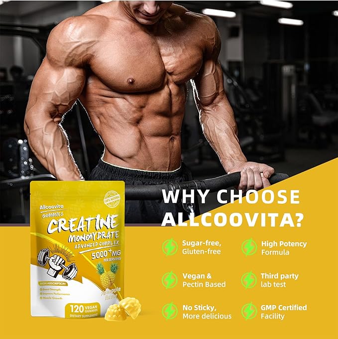 NSF Certified Creatine Gummy - Creatine Monohydrate Gummies 5000mg for Men & Women -120 Gummies Advanced Formula, Muscle Strength, Muscle Builder, Energy Boost, Pre-Workout Supplement-Pineapple