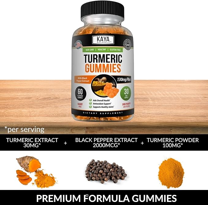 Kaya Naturals Turmeric Supplements Gummies, Pure Nature Turmeric Curcumin, Ginger Gummies - Black Pepper Extract - 60 Count