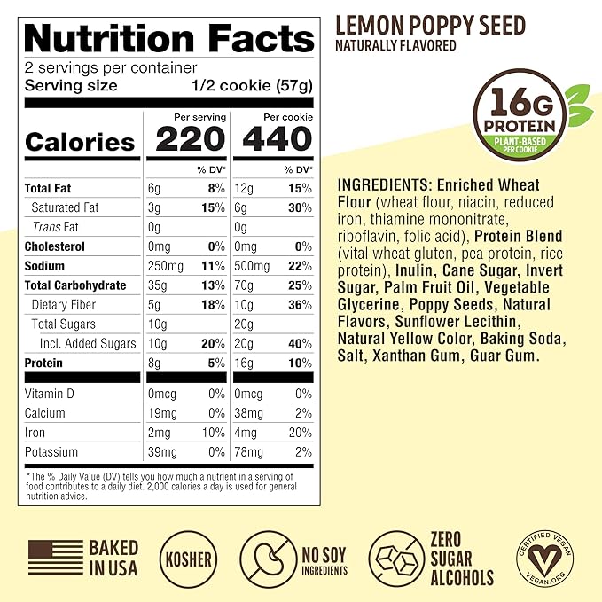 Lenny & Larry's Complete Protein Cookie, [Lemon Poppy Seed], Chewy Soft Baked, 16g Plant Protein, Vegan, Non-GMO, High Fiber, 4 Ounce Cookie (Pack of 12)