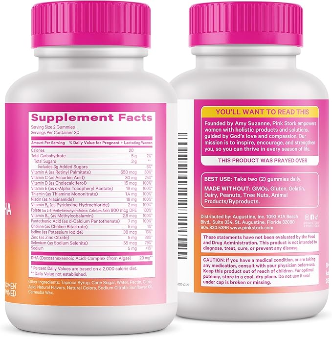 Pink Stork Premium Prenatal Gummy Vitamins with DHA, Folate, and Vitamin D - 60 Vegan Gummies - 2 Pack