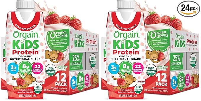 Orgain Organic Kids Nutritional Protein Shake, Strawberry, Healthy Kids Snacks, 8g Dairy Protein, 3g of Fiber, 22 Vitamins & Minerals, No Soy ingredients, Gluten Free, Non-GMO, 8.25 Fl Oz (Pack of 24)