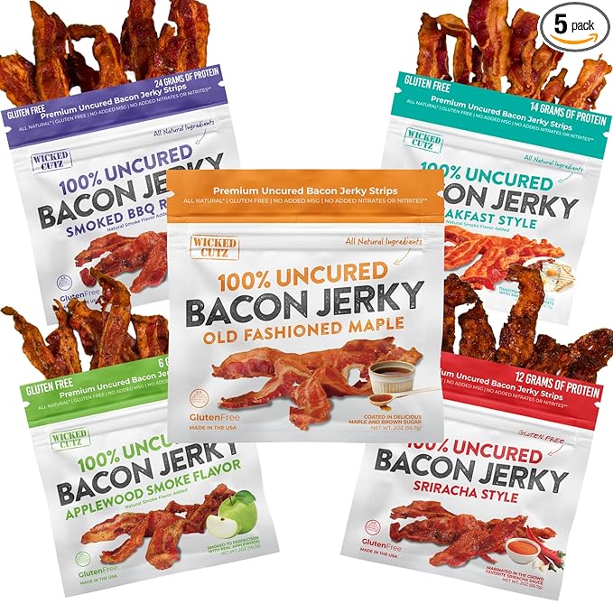 Bacon Jerky Variety Pack | 5 Flavors & Up to 24g Protein Per Bag | Fully Cooked, Tender, Easy to Chew, USA Made, High Protein Carnivore Snacks | Unique Gifts for Men (5 Bags)
