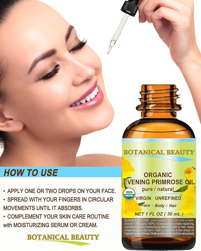 Botanical Beauty Organic EVENING PRIMROSE OIL 100% Pure Natural Undiluted Unrefined Virgin Cold Pressed Carrier Oil. 0.5 Fl.oz.- 15 ml for face, skin, hair, nails