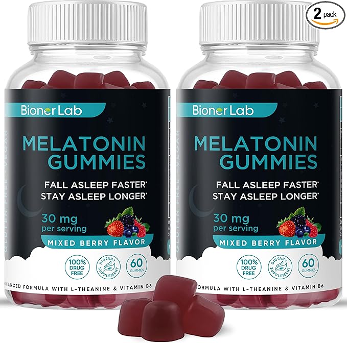 BionerLab Melatonin Gummies (30mg) Enhanced with L-theanine & Vitamin B6 for Adult Women Men - Extra Strength Chewables Calm Gummy - Gluten Free