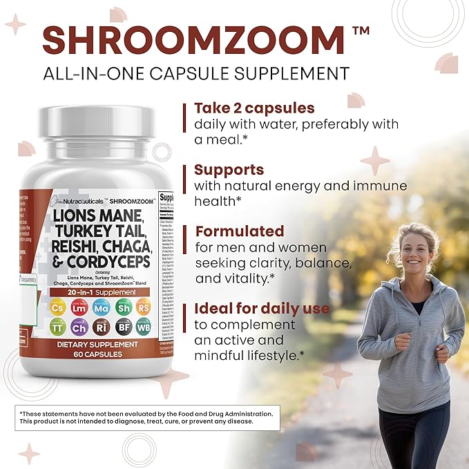 Clean Nutraceuticals Lions Mane 20in1 Mushroom Supplement with Turkey Tail Reishi Cordyceps Chaga Maitake Meshima Poria Cocos Shiitake Oyster Porcini Enoki (5)