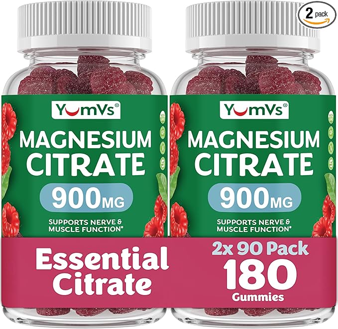 YUM-V'S Magnesium Citrate Gummies – 900mg Highly Absorbable Magnesium Gummies for Women & Men to Support Nerve, Muscle & Enzyme Function – Gluten-Free, Kosher & Raspberry Flavor 90 Count (Pack of 2)
