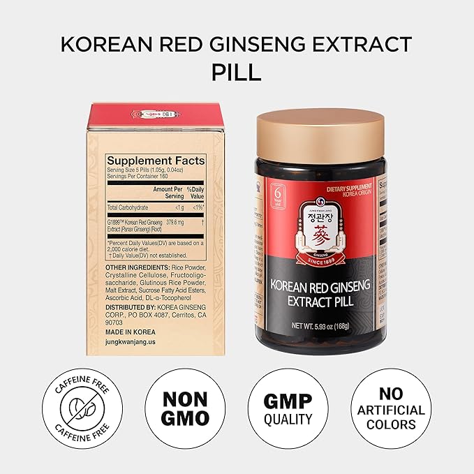 JUNG KWAN JANG Korean Red Ginseng Extract Pill - Red Panax Ginseng Energy Supplements with Rice Powder, Vitamins C & E - No Caffeine (800 Pills, 5.93 oz)