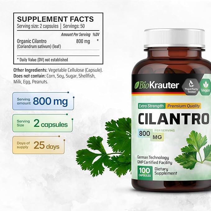 BIO KRAUTER® Cilantro for Detox Cleanse - Vegan Cilantro Capsules (Coriander Leaf Powder) 800 mg per Serving - Natural Detox & Antioxidant Supplement - 100 Capsules, Non-GMO Herbal Supplements