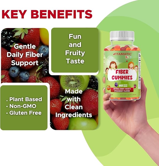 Vitamatic Kids Prebiotic Fiber Gummies – Extra Strength 4g Fiber – Zero Sugar Added – 60 Pectin-Based Gummies – Digestive Health & Regularity Support