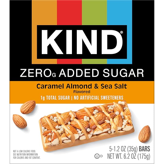 Kind Zero Added Sugar Healthy Snacks Bars, Caramel Almond & Sea Salt, Gluten Free, High Fiber, Keto Snacks, 5g Protein, 5 Count