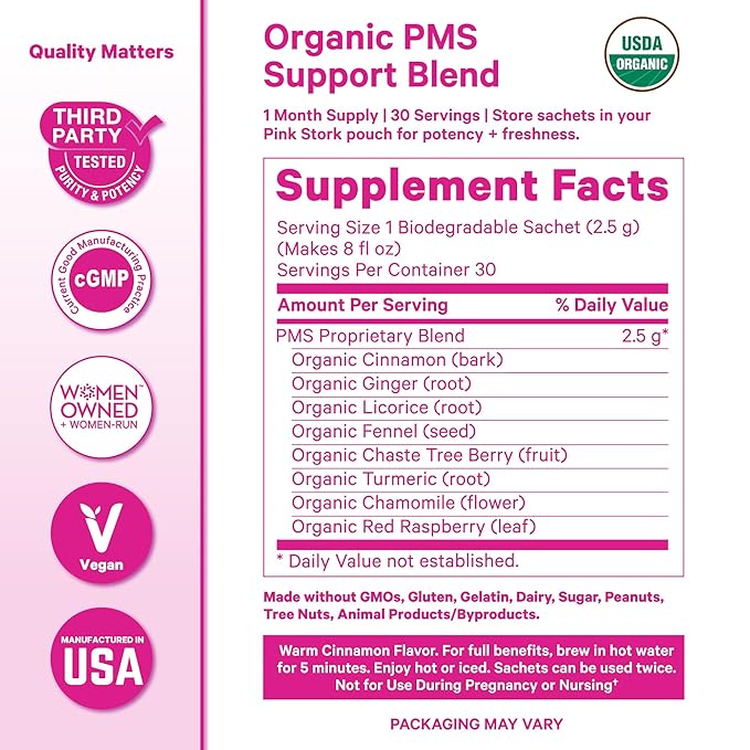 Pink Stork Organic PMS Tea for Hormone Balance, Mood Swings, Bloating, and Period Regularity - 8 Herbs - Vitex, Red Raspberry Leaf, Chamomile - Caffeine-Free - 15 Sachets, Hot or Iced