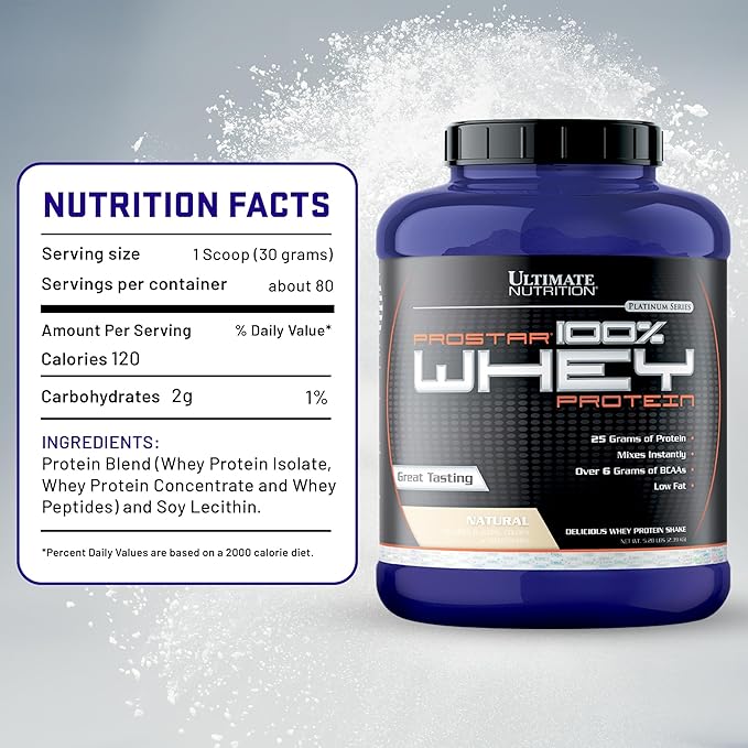 Ultimate Nutrition Prostar Whey Protein Powder Isolate, Natural - Low Carb, High Protein Powder Shake for Muscle Gain & Recovery - Low Sodium, Low-Fat & Keto Friendly - 5.28 lbs Tub