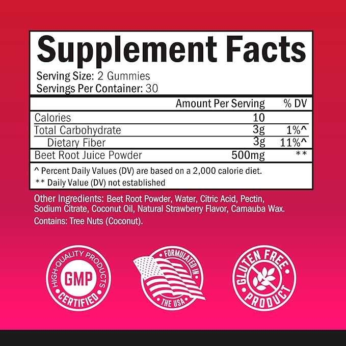 Sugar Free Beet Root Gummies - Nitric Oxide Gummies Infused with Coconut Oil for Highest Absorption - Supports Energy & Whole Body Health - Delicious Strawberry Flavor - 60 Count (30 Day Supply)