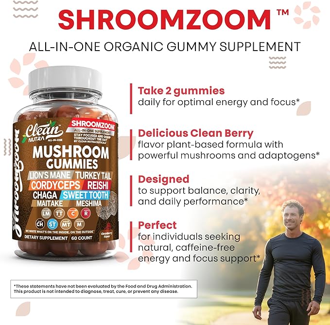 15in1 Mushroom Gummies with Lion's Mane Turkey Tail Cordyceps Reishi Chaga Sweet Toot Maitake Meshima Poria Cocos Shiitake Tremella, Oyster Agaricus Mushrooms for Men and Women Supplement Clean Nutra