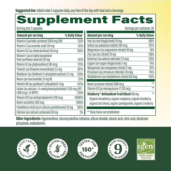 MegaFood Whole Body Womens Multivitamin - Multivitamin for Women - Vitamin D3 K2, Magnesium Citrate, Folate, Biotin, Iron - Brain, Heart, Skin & Hair & Immune Support - 60 Capsules, 30 Servings