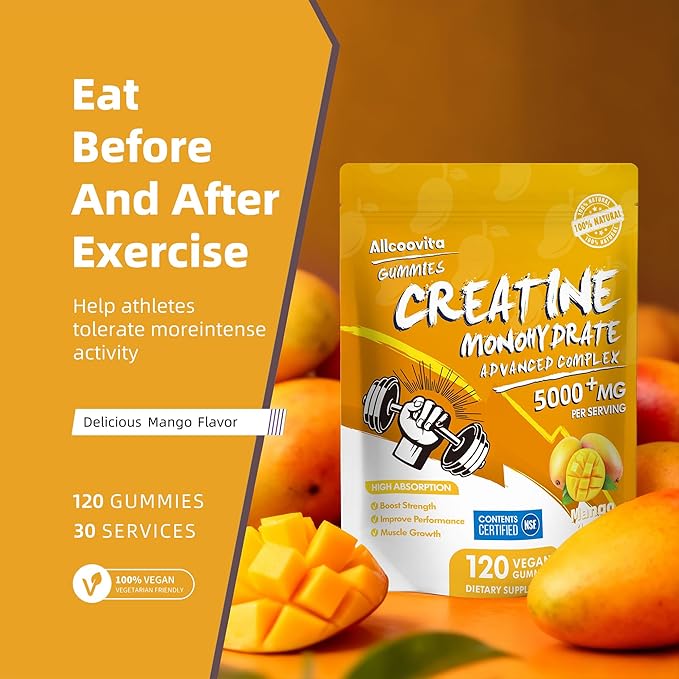 Allcoovita Creatine Monohydrate Gummies 5g for Men & Women. Boost Focus,Strength, and Endurance, Anti-Melting Formula, Vegan, Gluten-Free, Non-GMO,(Mango 120 ct)