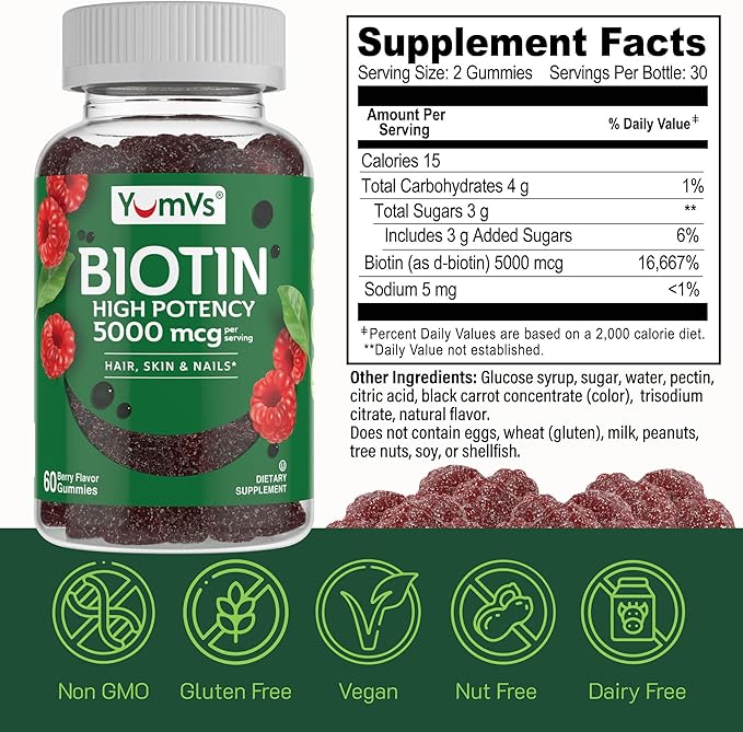 YumVs Biotin Gummies 5000mcg - Luscious Raspberry Flavor - Thicker Faster Hair Growth Gummies for Women or Men - Hair, Skin & Nails Vitamins - Hair Gummy - Vegetarian Biotin Supplement (60 Ct., 2pk)