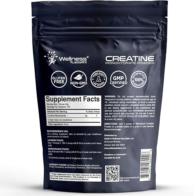 WELLNESS LABSRX Creatine Monohydrate Powder 500g – 100 Servings Micronized Creatine Powder Supplement, Unflavored Creatine for Women and Men, Supports Muscle Strength, Energy, Endurance and Workout