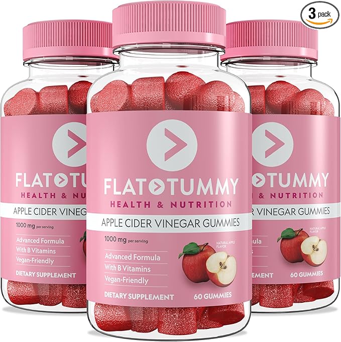 Flat Tummy Apple Cider Vinegar Gummies,– ACV Gummies,Detox,Support Gut Health – Vegan-Friendly,Non-GMO - Beet and Pomegranate Superfood Powders,Vitamins B6,B9 & B12,60 Count (Pack of 3)