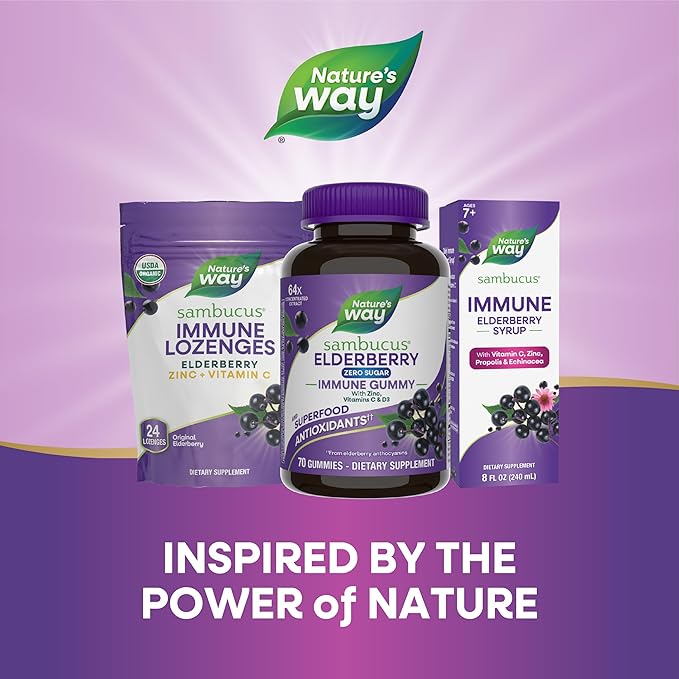 Nature's Way Sambucus Zero Sugar Immune Gummies,Daily Immune Support*,Black Elderberry Extract,Vitamin C,Vitamin D3,Zinc,Sugar Free,Sugar-Alcohol Free,Plant-Based Sweeteners,70 Gummies,(Pack of 2)