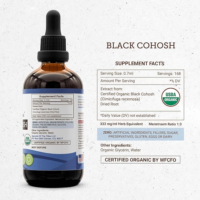 Secrets of the Tribe Black Cohosh USDA Organic | Alcohol-Free Extract, High-Potency Herbal Drops | Made from 100% Certified Organic Black Cohosh (Cimicifuga Racemosa) Dried Root 4 oz